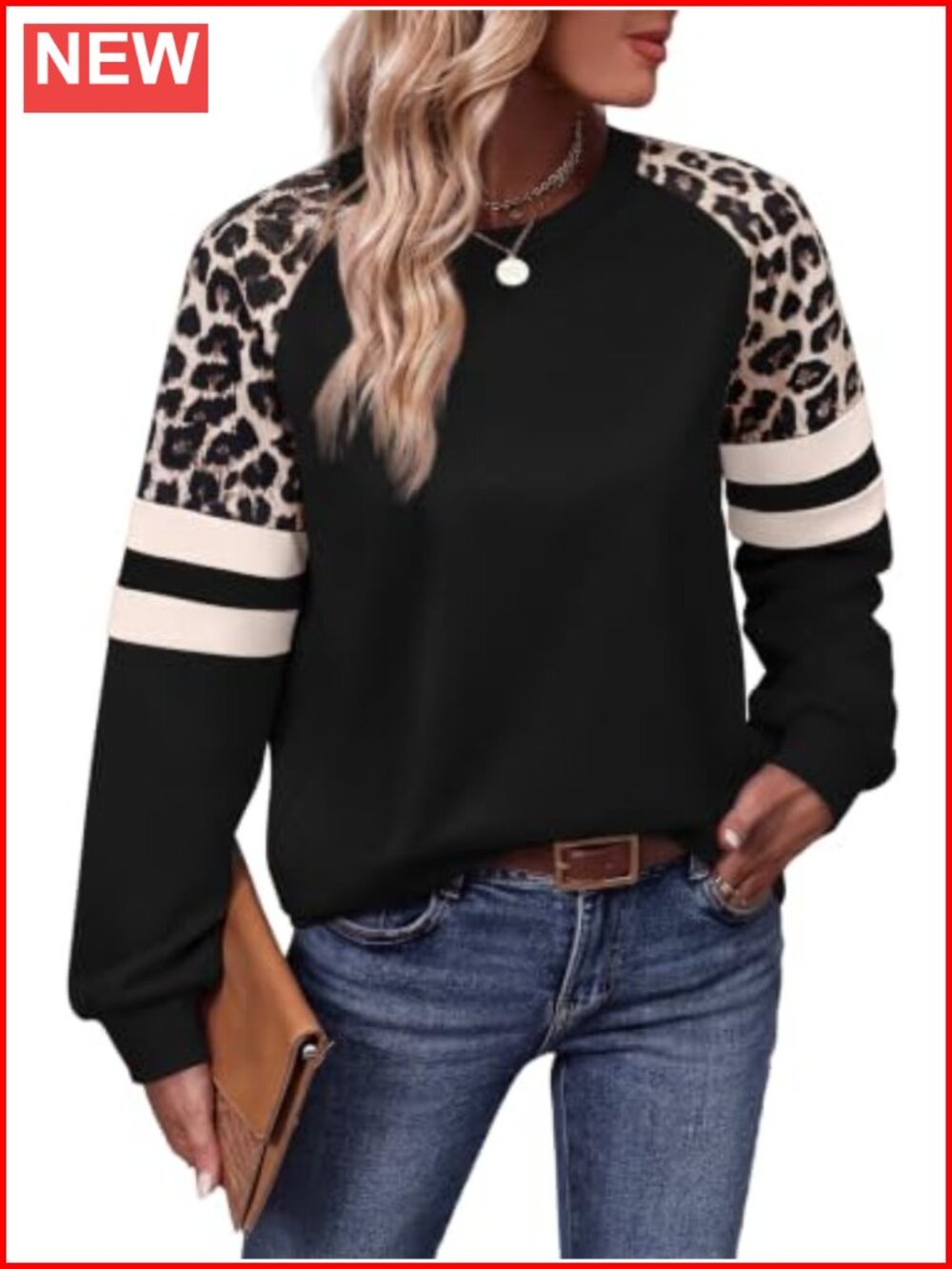WIHOLL Women's Crewneck Long Sleeve Color Block Sweatshirt with Leopard Print